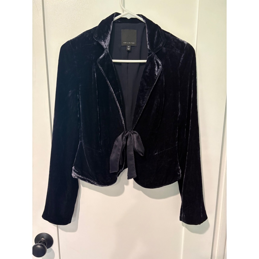 The Limited Navy Blue Crushed Velvet Tie Front Cropped Blazer XS